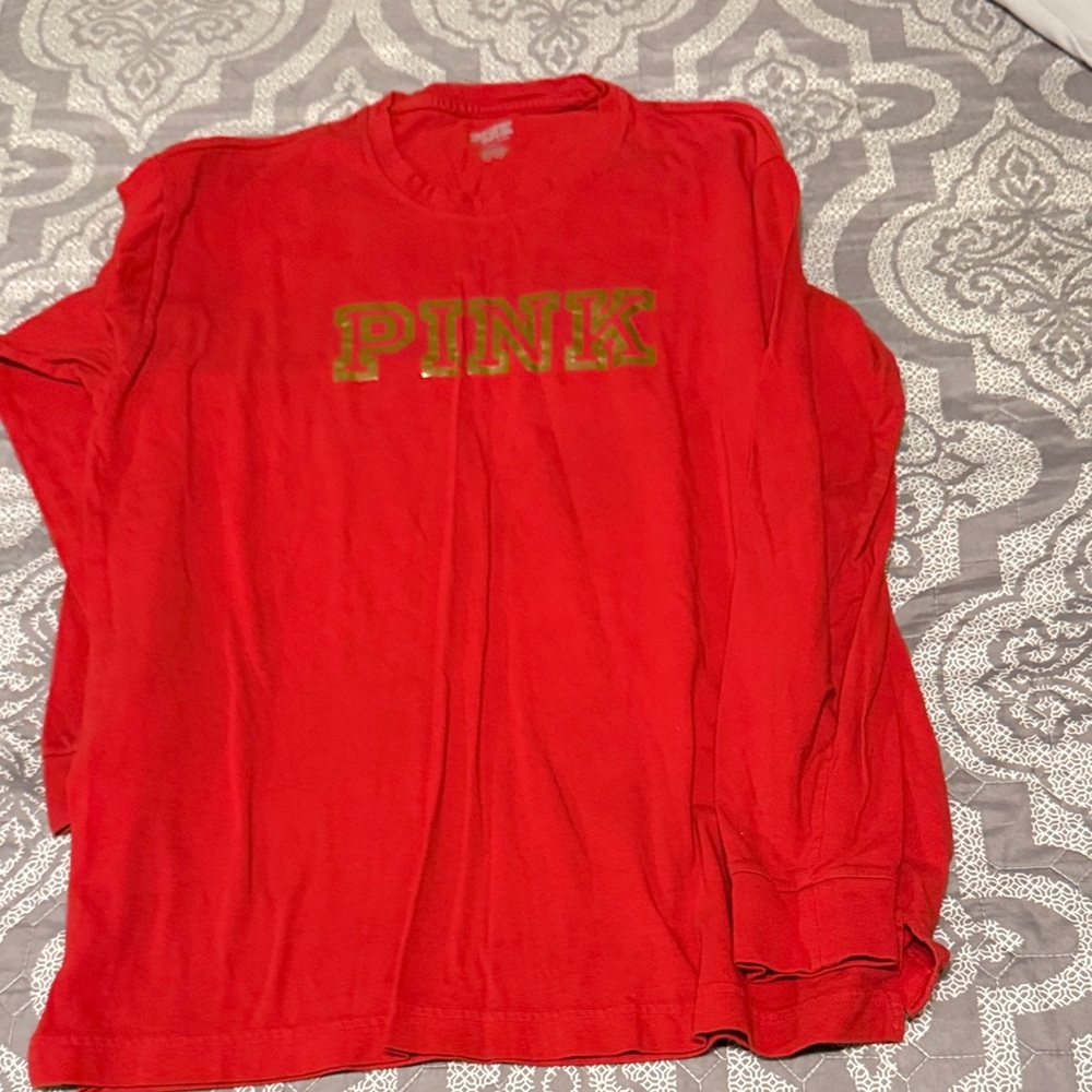 PINK Victoria's Secret Red Long-Sleeve Tee with Green Logo